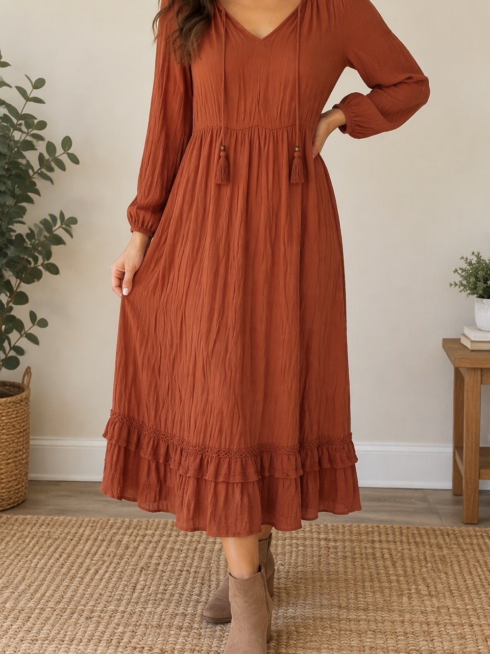 Rose Knox Burnt Orange Boho Midi Dress XS